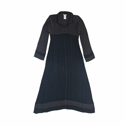 Vintage Issey Miyake black and charcoal pleated A-line midi dress with collar
