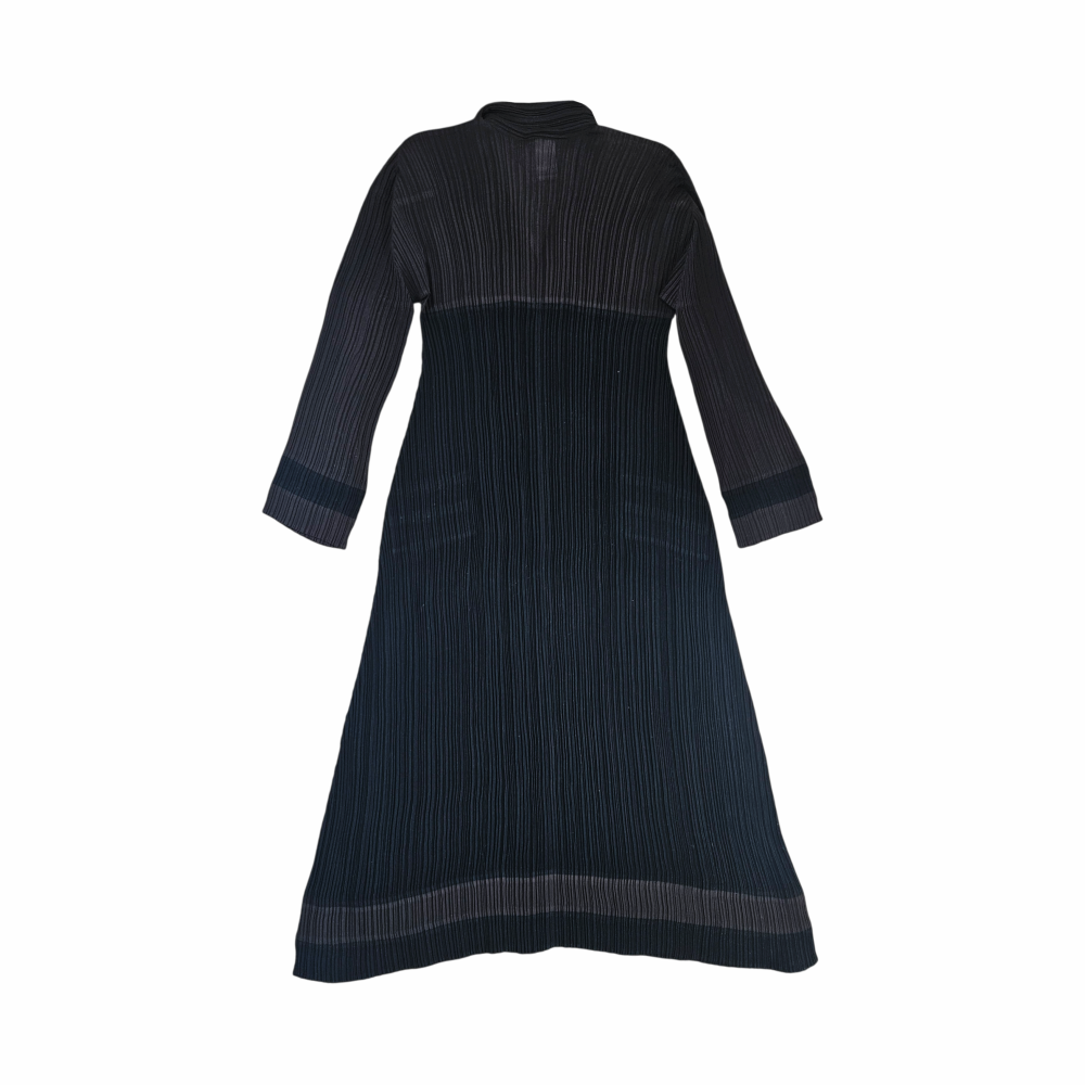 Back of vintage Issey Miyake pleated black and grey midi dress