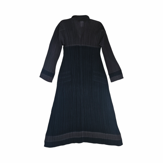 Back of vintage Issey Miyake pleated black and grey midi dress