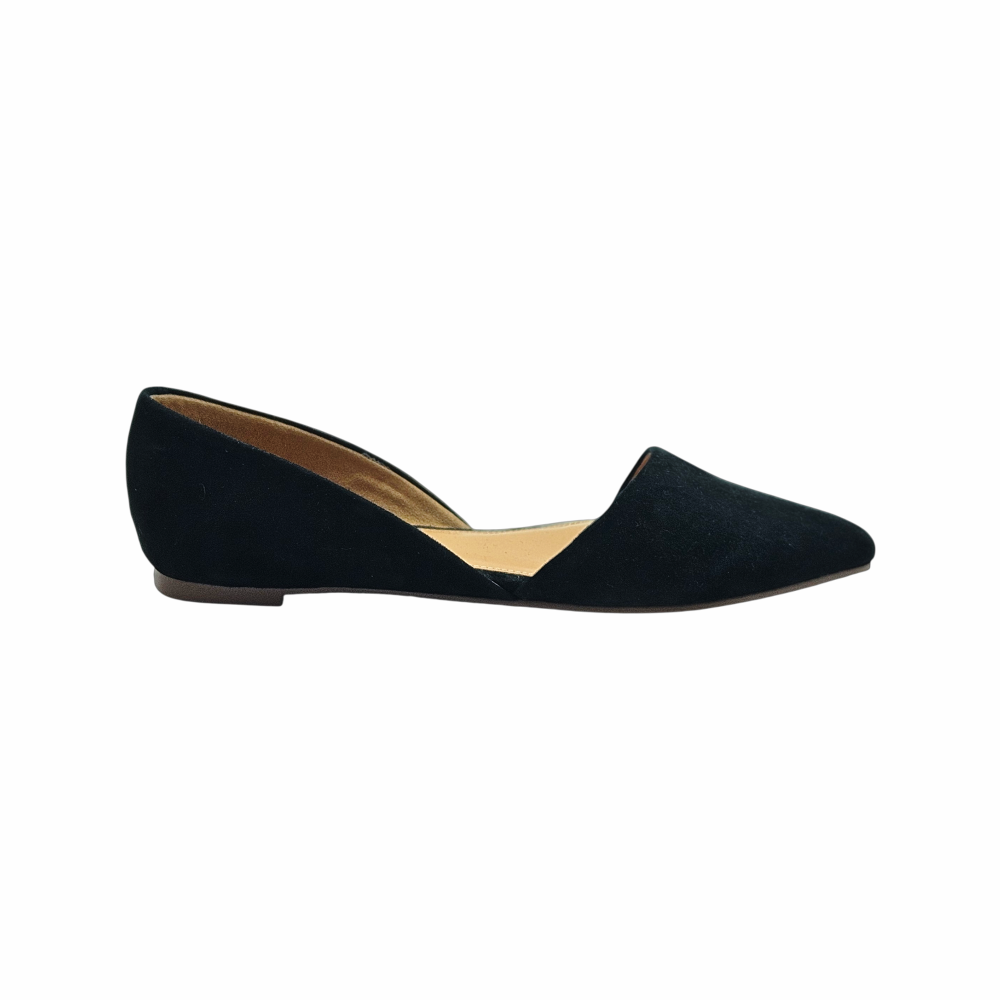 J.Crew black suede pointed-toe d’Orsay flats, US size 6.5, with tan leather lining, open-sided silhouette and low heel.