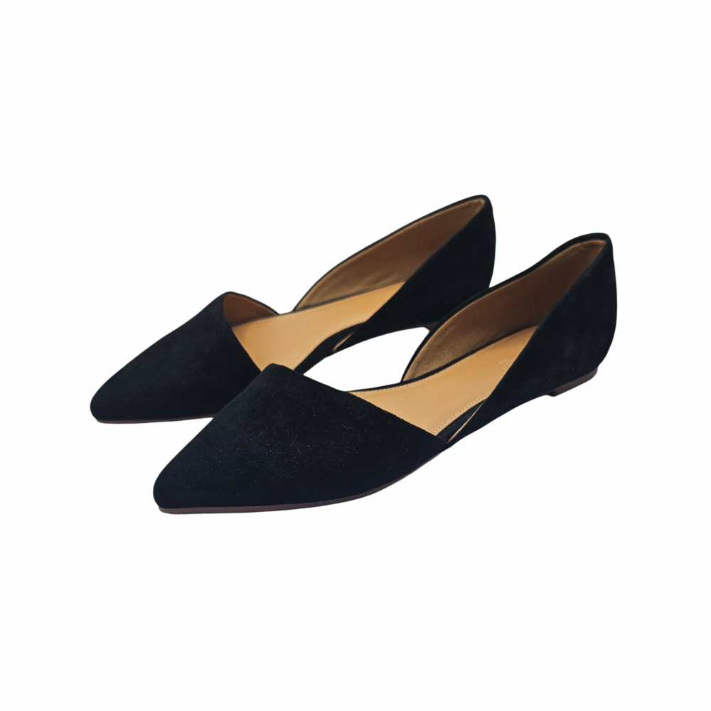 J.Crew black suede pointed-toe d’Orsay flats, US size 6.5, with tan leather lining, open-sided silhouette and low heel.