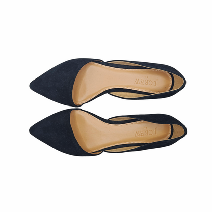 J.Crew black suede pointed-toe d’Orsay flats, US size 6.5, with tan leather lining, open-sided silhouette and low heel.