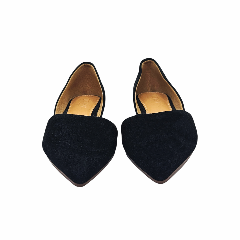 J.Crew black suede pointed-toe d’Orsay flats, US size 6.5, with tan leather lining, open-sided silhouette and low heel.