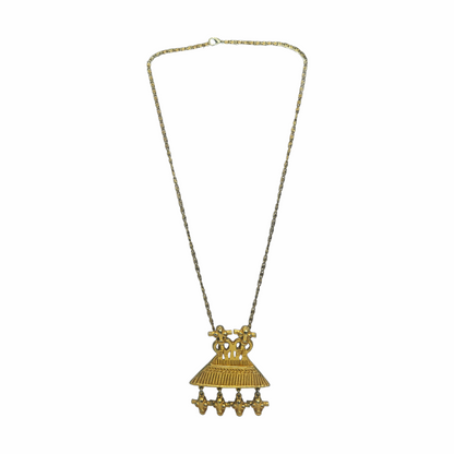 1980s Judith Leiber gold-plated figural pendant necklace with articulated drops and West African-inspired - likely inspired by senufo amulettes - sculptural detailing. Signed vintage designer jewellery.
