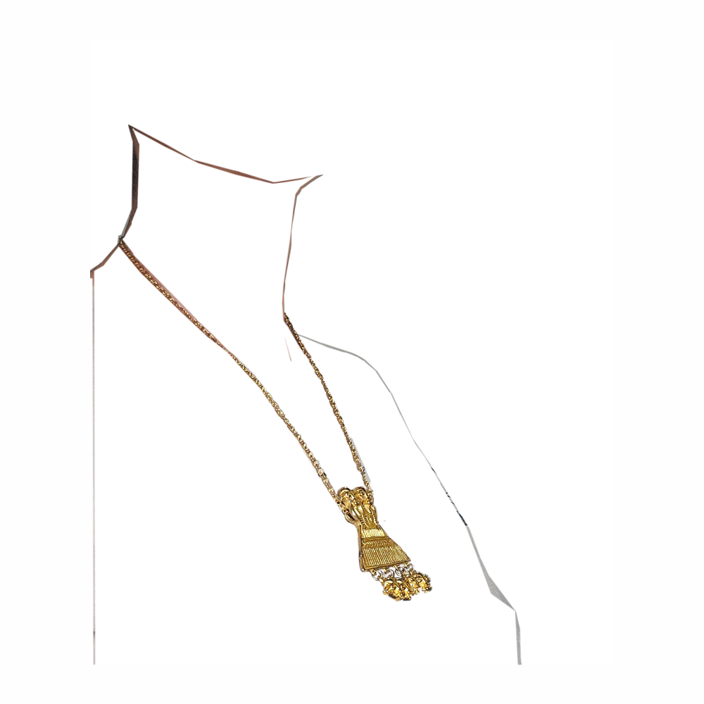 1980s Judith Leiber gold-plated figural pendant necklace with articulated drops and West African-inspired - likely inspired by senufo amulettes - sculptural detailing. Signed vintage designer jewellery.