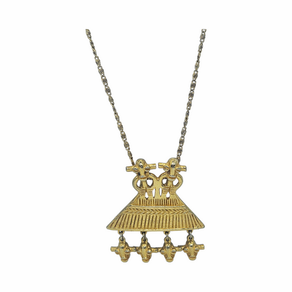 1980s Judith Leiber gold-plated figural pendant necklace with articulated drops and West African-inspired - likely inspired by senufo amulettes - sculptural detailing. Signed vintage designer jewellery.