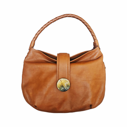 a Kenall tan leather hobo bag with braided handle, horn-style disc fastening and hand-laced detailing. A distinctive cognac leather shoulder bag.