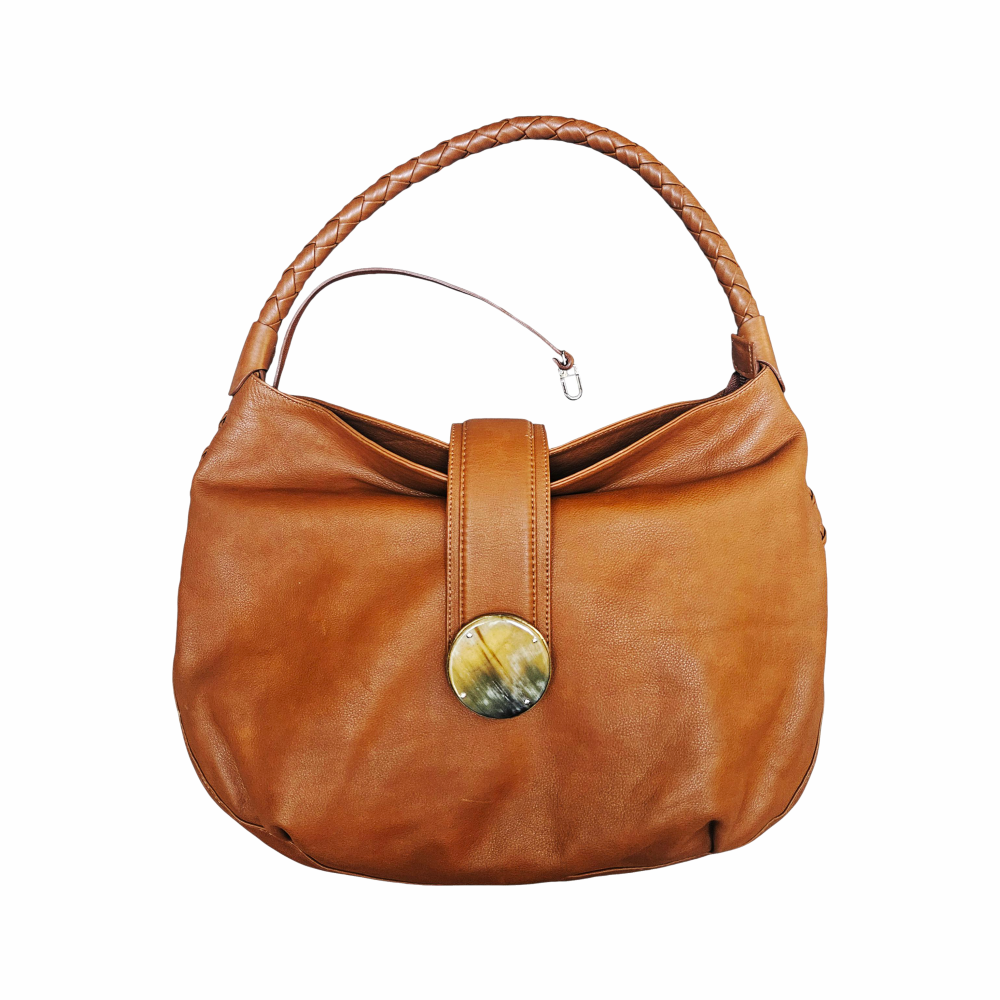 Tan Leather Hobo Bag with Horn Disc & Braided Handle - Kenall - Re:Velvet