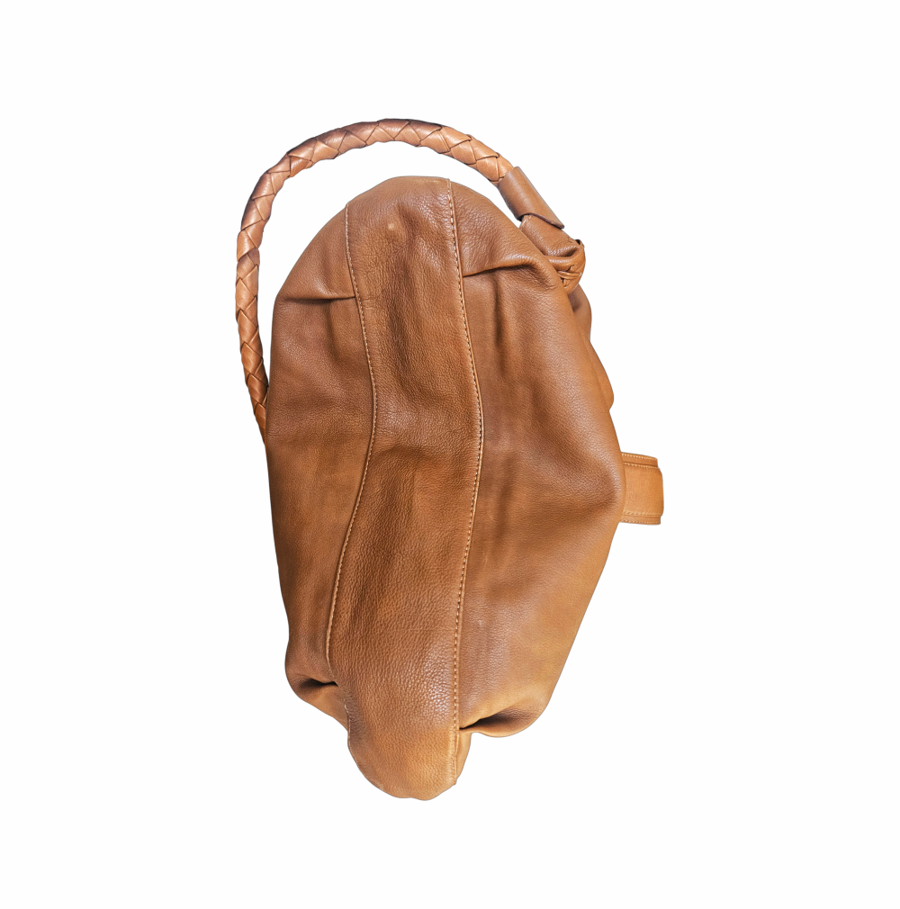 Tan Leather Hobo Bag with Horn Disc & Braided Handle - Kenall - Re:Velvet