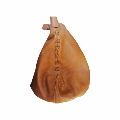 Tan Leather Hobo Bag with Horn Disc & Braided Handle - Kenall - Re:Velvet