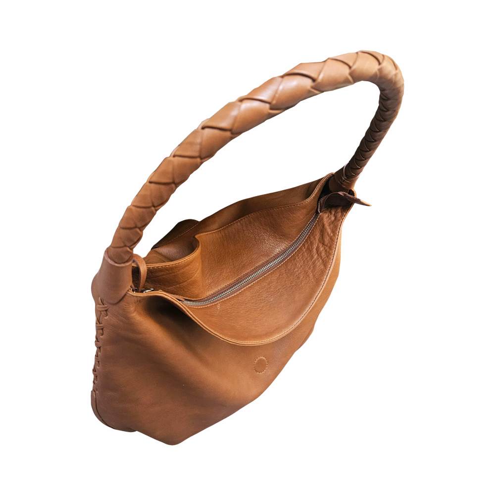 Tan Leather Hobo Bag with Horn Disc & Braided Handle - Kenall - Re:Velvet