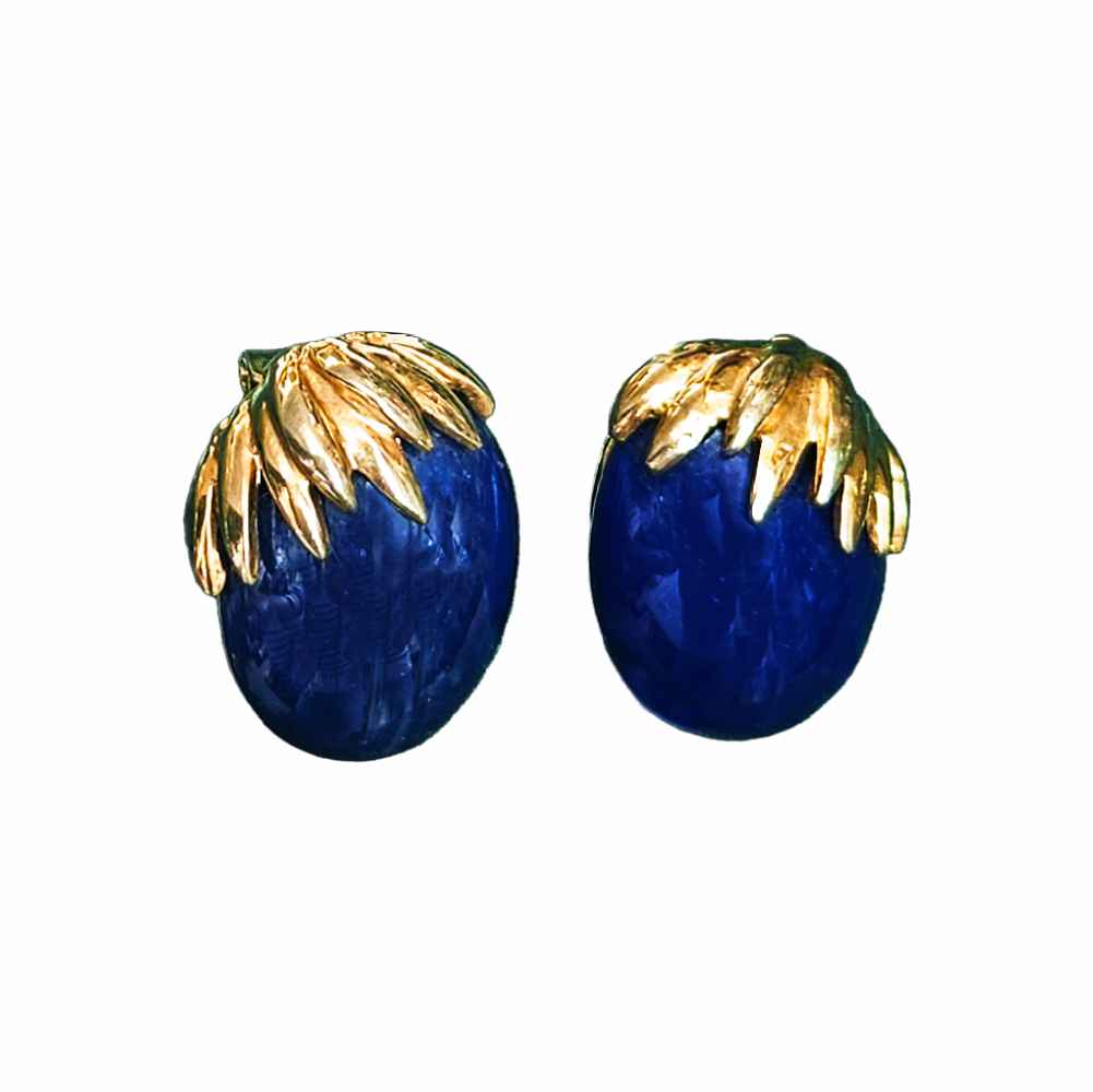 1970s Vintage Lapis-Blue Glass & Gold-Tone Leaf Clip-On Earrings