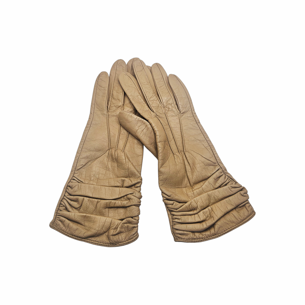 Vintage taupe leather gloves with ruched cuffs and silk lining