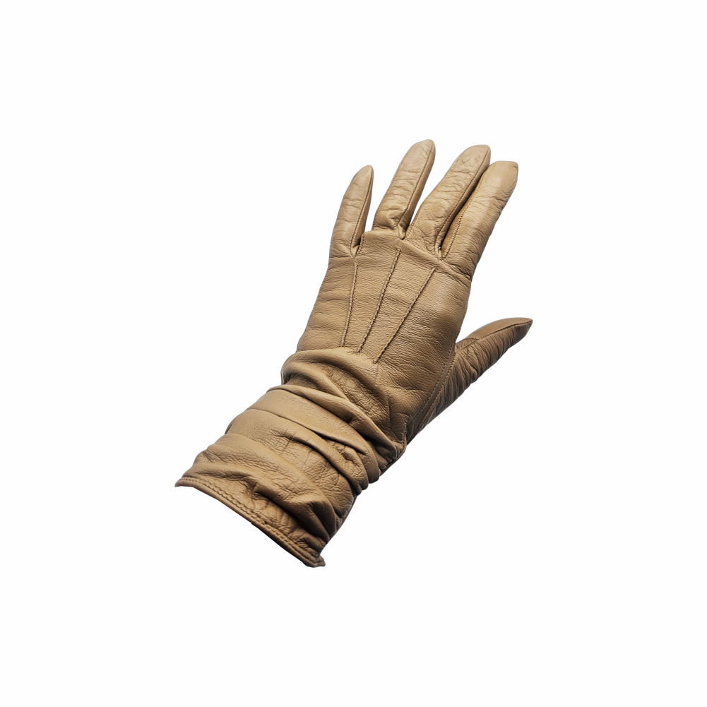 Long vintage camel leather gloves with gathered wrist detail