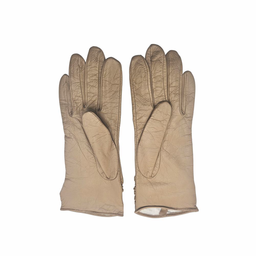Pair of soft beige leather gloves with extended ruched cuffs