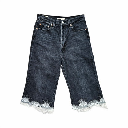 Ribcage Bell Denim Bermuda Shorts with Vintage reclaimed Lace Hem - Levi Strauss Upstyled by Re:Velvet - Re:Velvet