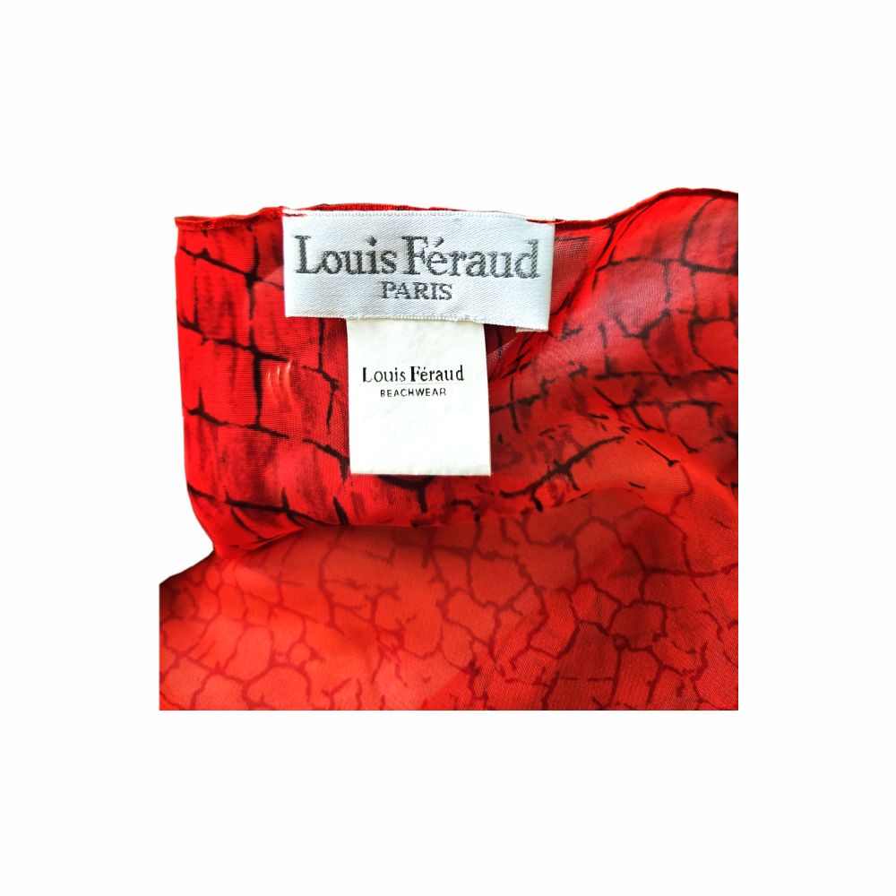 Vintage Louis Féraud Paris Beachwear red abstract-print pareo / sarong in 100% lightweight polyester, circa 1980s–1990s.