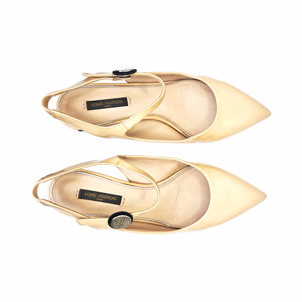 Light Beige Patent Slingback Pumps with Clear Block Heel - Louis Vuitton - Re:Velvet