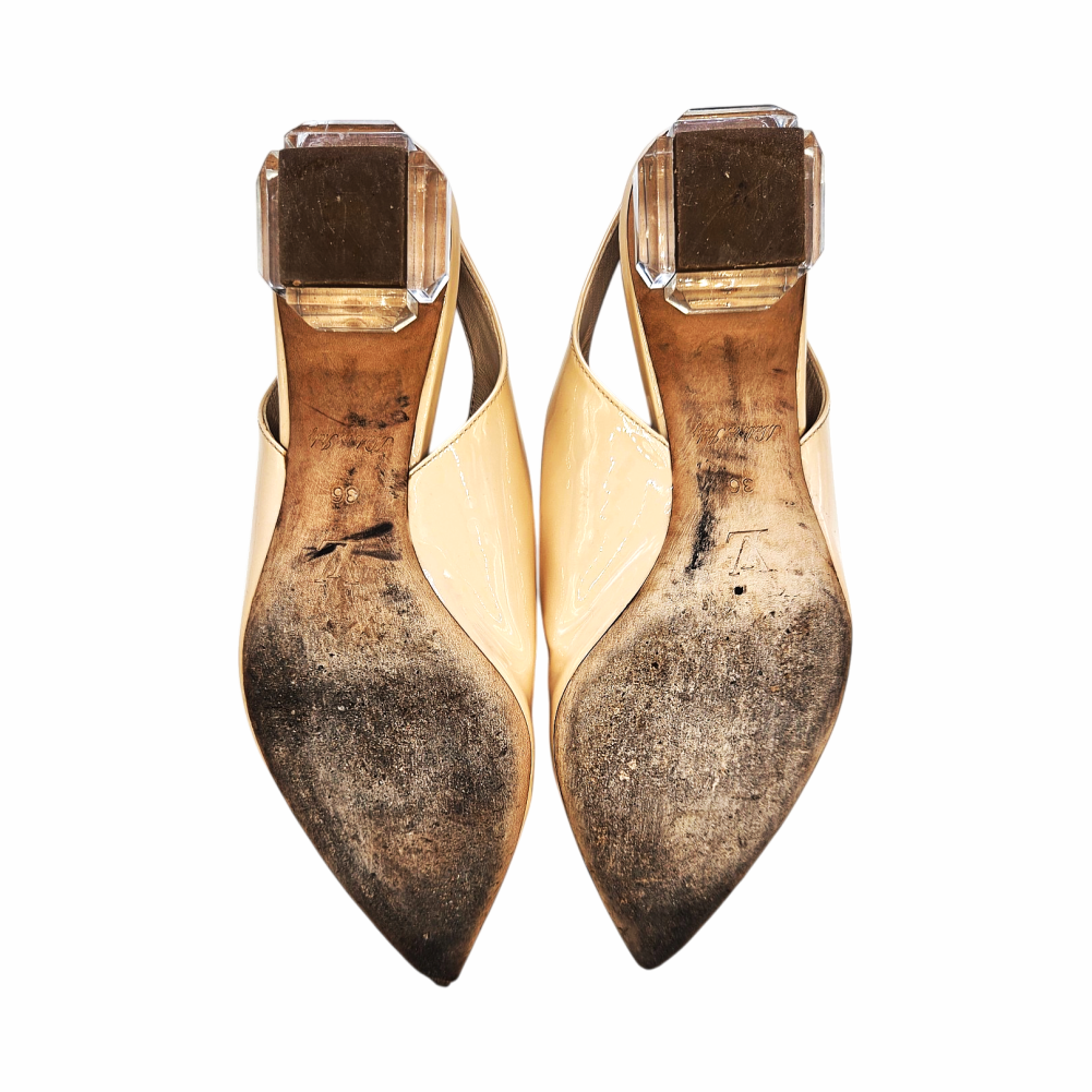 Light Beige Patent Slingback Pumps with Clear Block Heel - Louis Vuitton - Re:Velvet