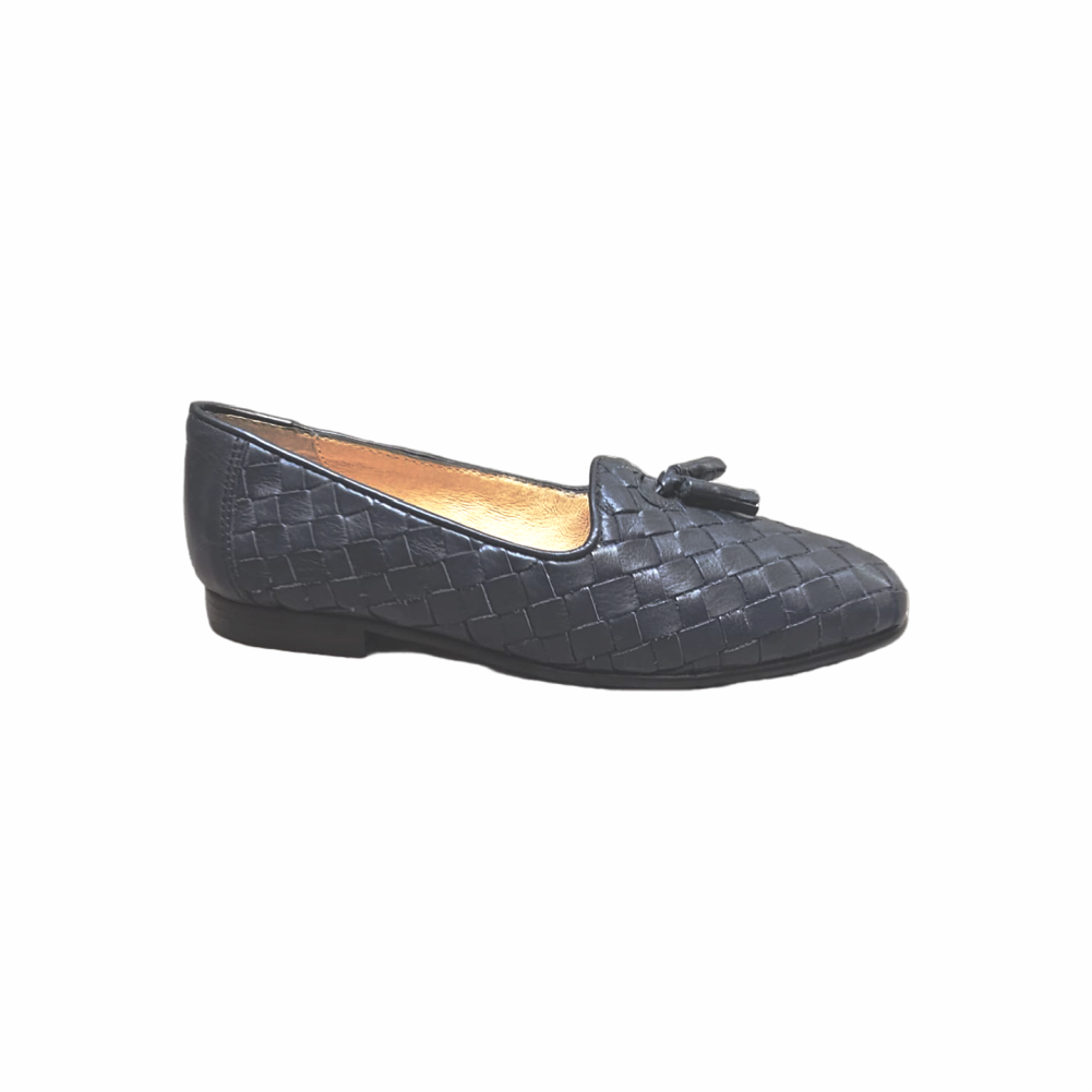Vintage St Michael Marks & Spencer navy woven leather tassel loafers, UK 5, with intrecciato-style upper and classic low-heel silhouette.