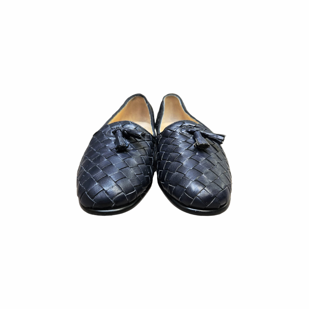 Vintage St Michael Marks & Spencer navy woven leather tassel loafers, UK 5, with intrecciato-style upper and classic low-heel silhouette.