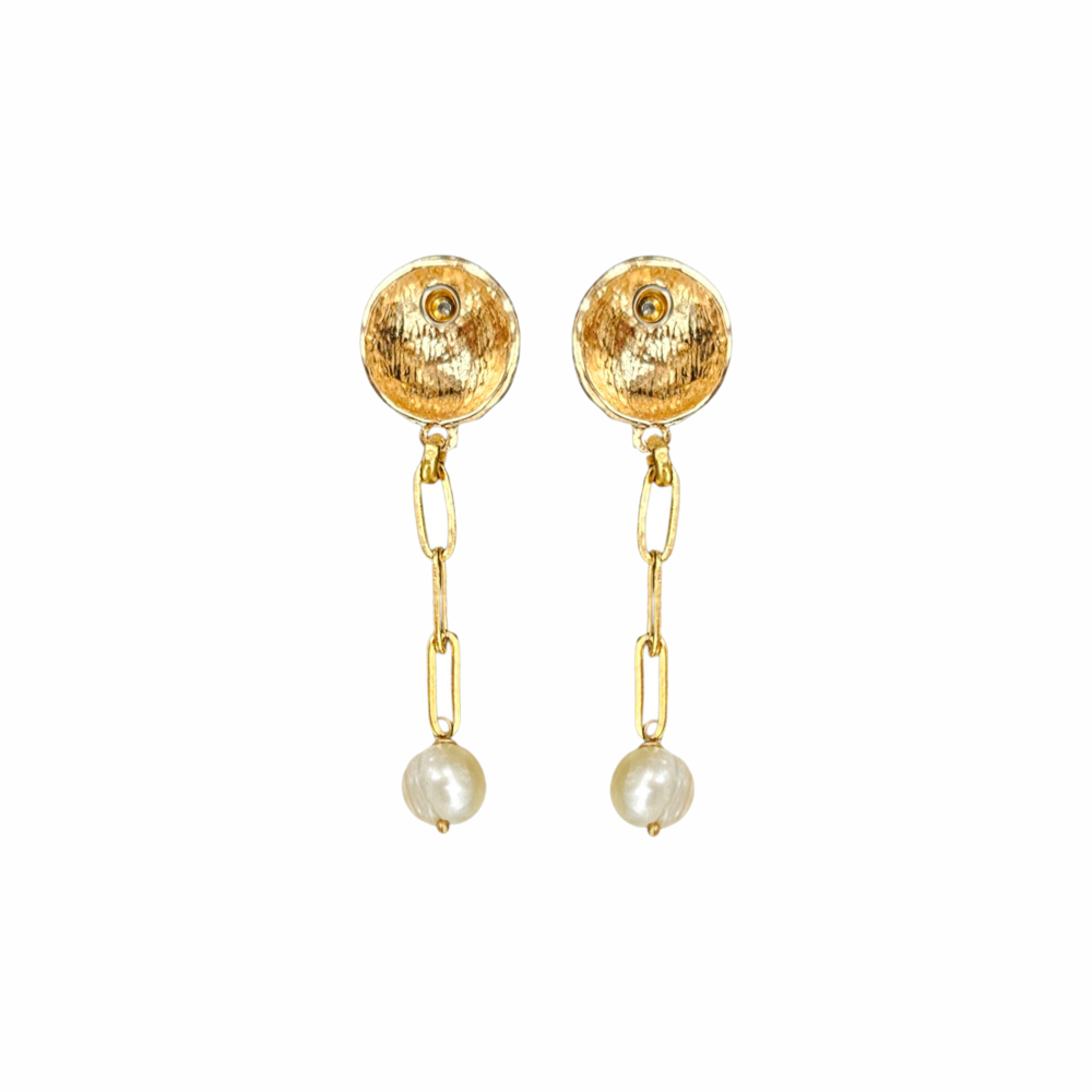 Gold-tone hammered button drop earrings with paperclip chain links and cultured freshwater pearl drops. Sculptural statement earrings with a modern organic finish.