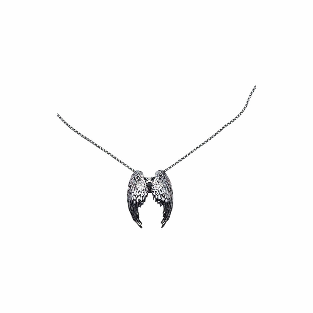 Antiqued Silver-Tone Gothic Double Angel Wings Necklace