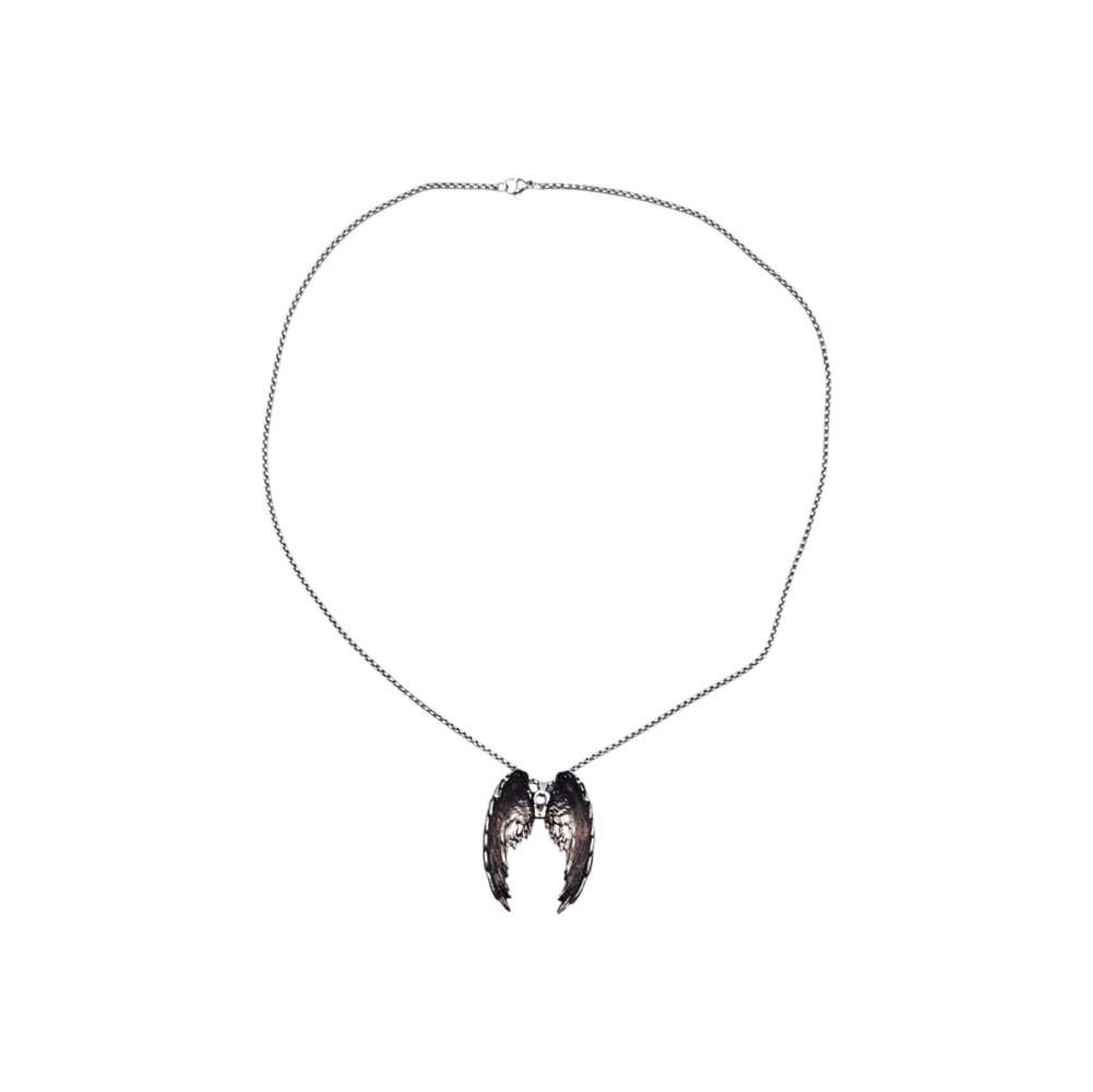 Antiqued Silver-Tone Gothic Double Angel Wings Necklace