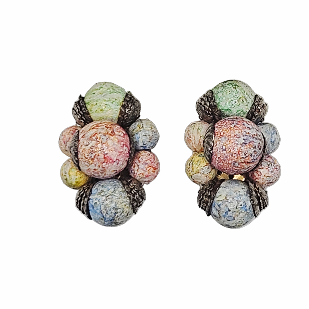 Vintage Mid-Century Multicoloured Glass Bead Cluster Clip-On Earrings