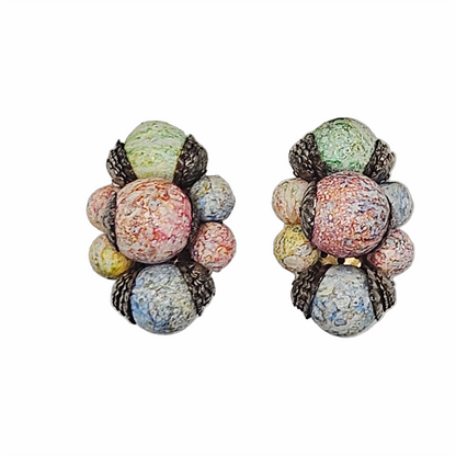 Vintage Mid-Century Multicoloured Glass Bead Cluster Clip-On Earrings