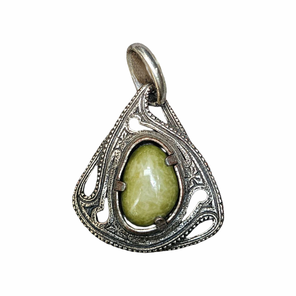 Vintage Miracle Celtic pendant with a green jade-effect glass cabochon and ornate antiqued pewter openwork setting.