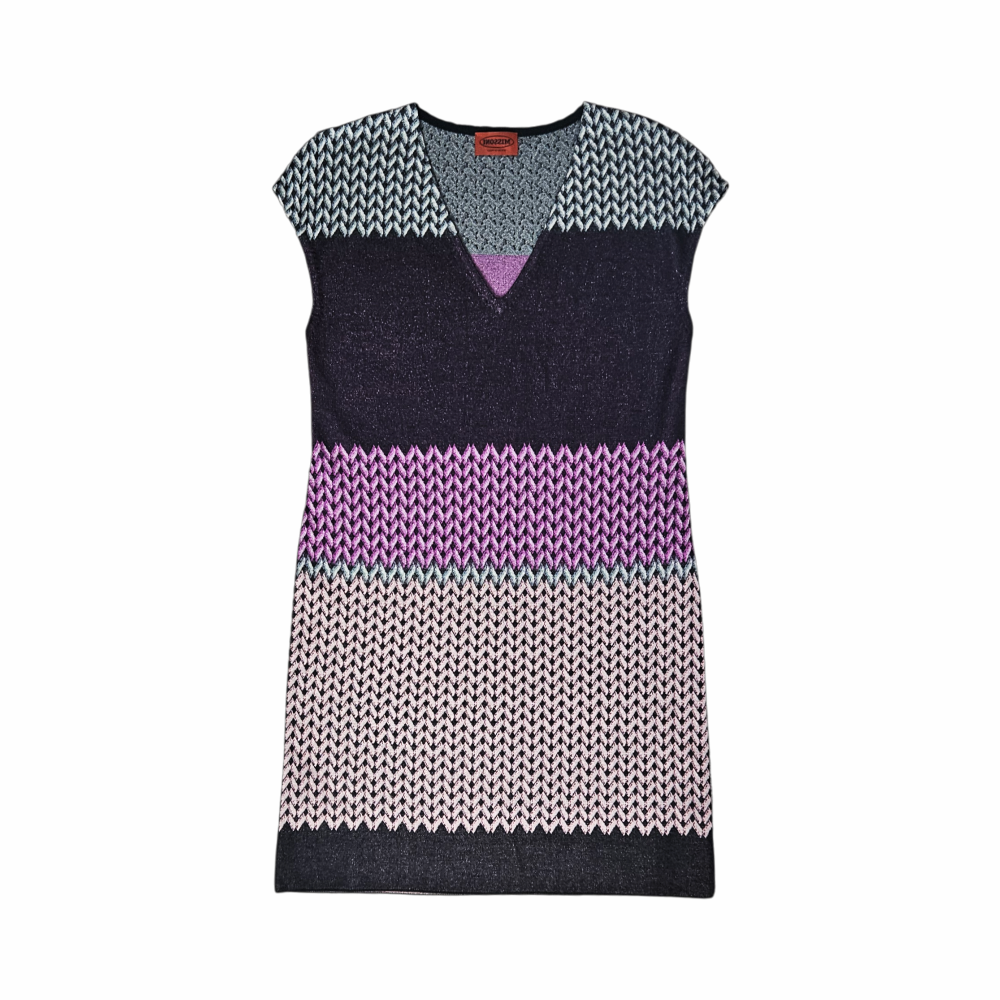 Missoni geometric knit shift dress in black lilac silver and pale pink