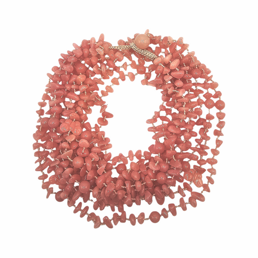 Vintage Multi-Strand Salmon Coral Chip Necklace with Button Clasp