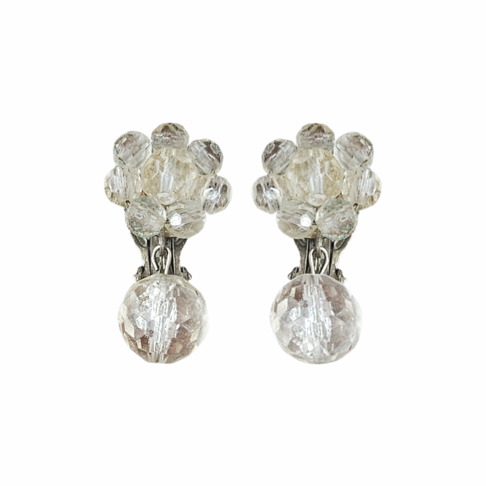Vintage clear faceted glass bead cluster clip-on earrings with large articulated round crystal-style drops