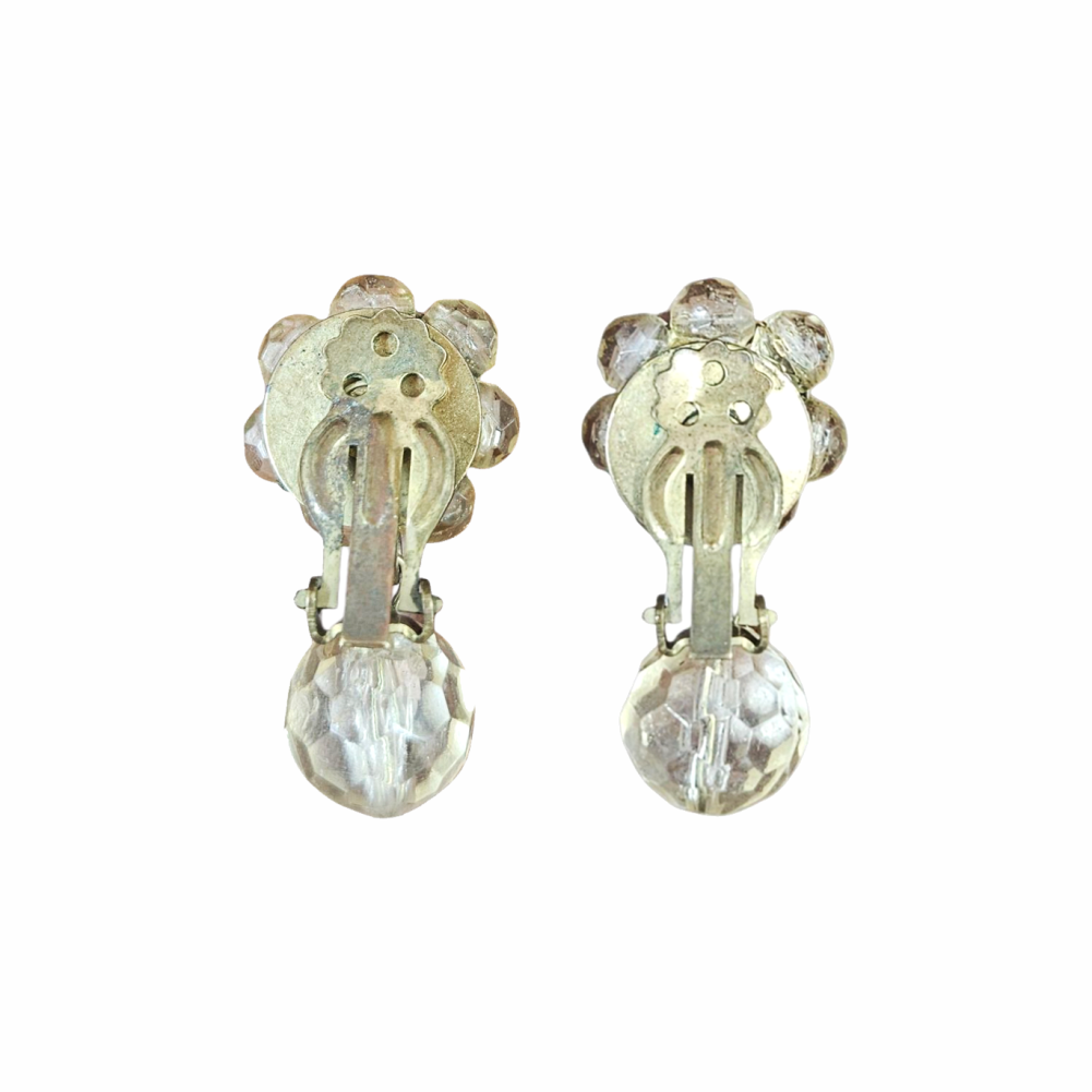 Vintage 1950s Clear Faceted Glass Bead Cluster Drop Clip-On Earrings