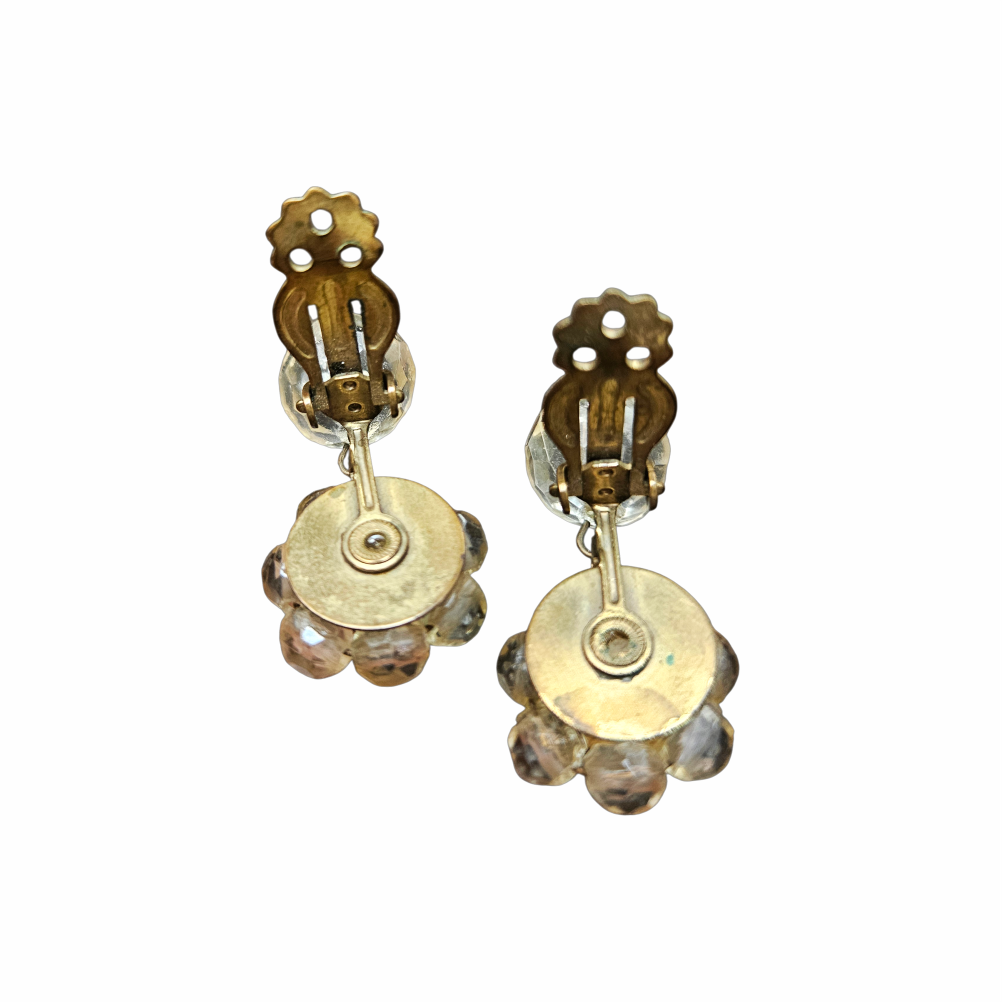 1950s Clear Faceted Glass Bead Cluster Drop Clip-On Earrings