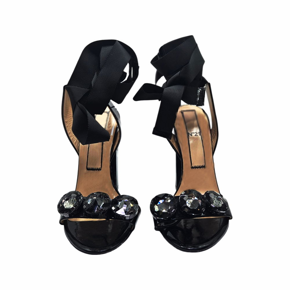 Patent Leather Block Heel Sandals with Crystal Embellishment - N°21 - Re:Velvet