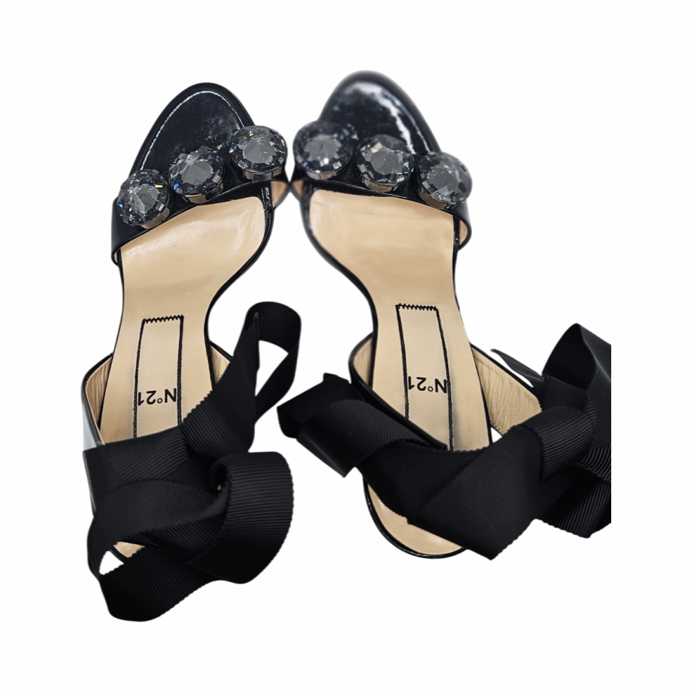 Patent Leather Block Heel Sandals with Crystal Embellishment - N°21 - Re:Velvet