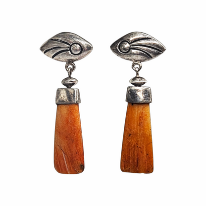 Vintage 925 sterling silver drop earrings with orange and cream shell pendantsVintage 925 sterling silver drop earrings with orange and cream shell pendants