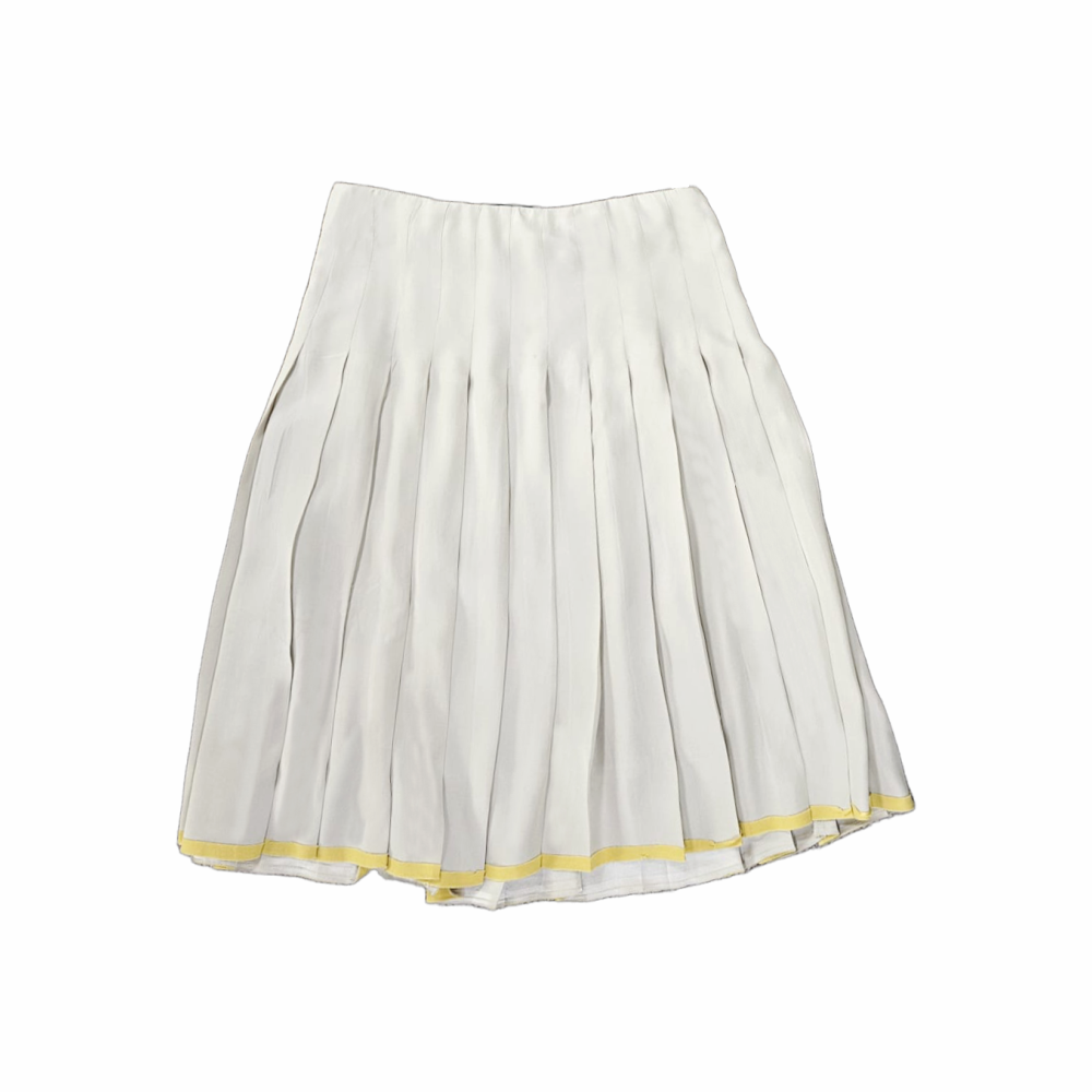 S/S 2000 Ivory Silk Pleated Midi Skirt with Yellow Ribbon Hem detail - Prada - Re:Velvet