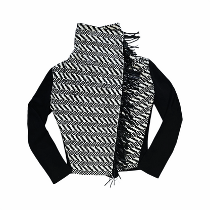Black Cardigan Jacket with Woven Leather-Trimmed Fringe Collar - Pinko Tag
