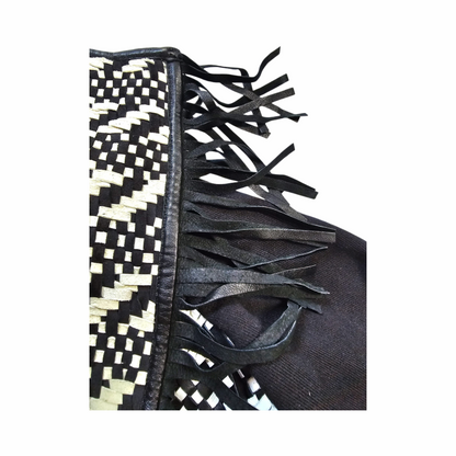 Black Cardigan Jacket with Woven Leather-Trimmed Fringe Collar - Pinko Tag