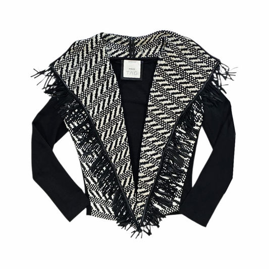 Black Cardigan Jacket with Woven Leather-Trimmed Fringe Collar - Pinko Tag