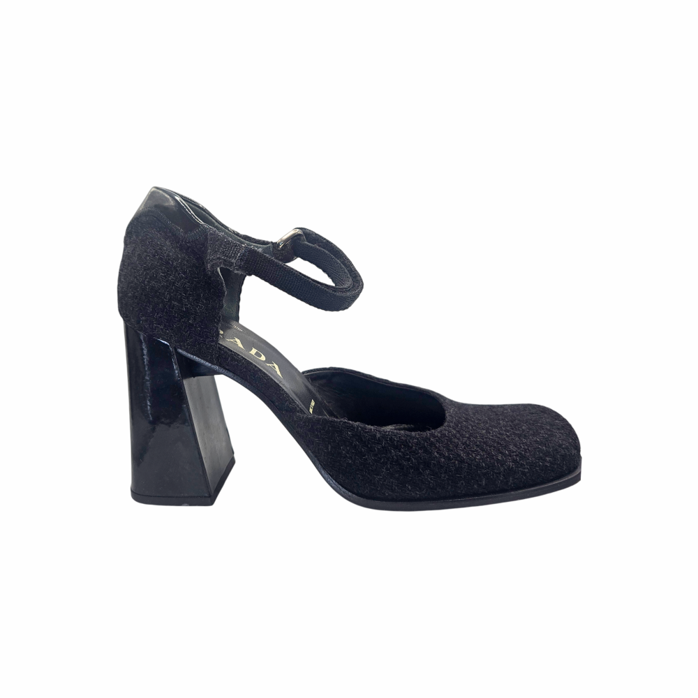 Iconic Vintage Prada 1995-98 Black Wool Anle Strap Court Pumps and Chunky heels