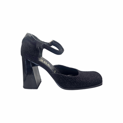 Iconic Vintage Prada 1995-98 Black Wool Anle Strap Court Pumps and Chunky heels