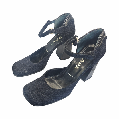 Iconic Vintage Prada 1995-98 Black Wool Anle Strap Court Pumps and Chunky heels