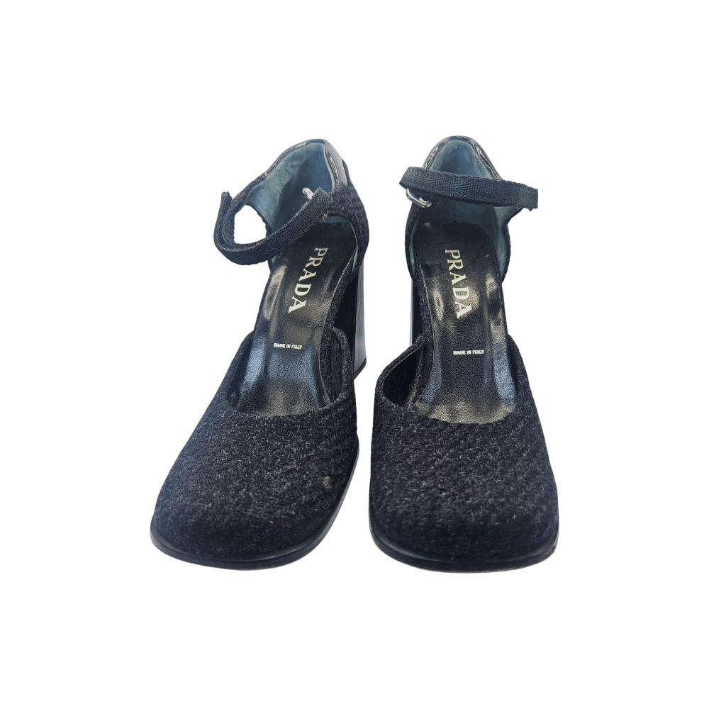 Iconic Vintage Prada 1995-98 Black Wool Anle Strap Court Pumps and Chunky heels