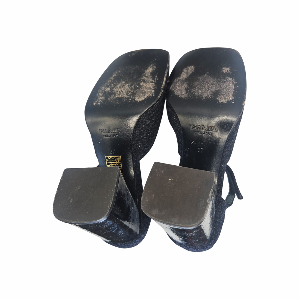 Vintage 1990s Textured Wool Block Heels Ankle -Strap Pumps - Prada