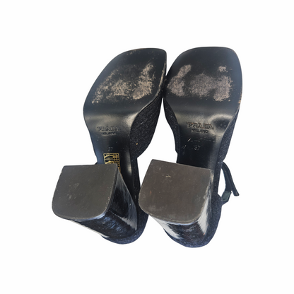 Vintage 1990s Textured Wool Block Heels Ankle -Strap Pumps - Prada