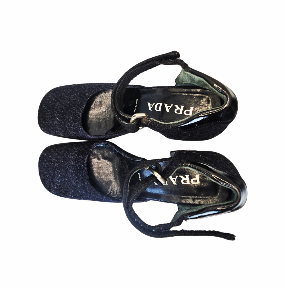 Vintage 1990s Textured Wool Block Heels Ankle -Strap Pumps - Prada